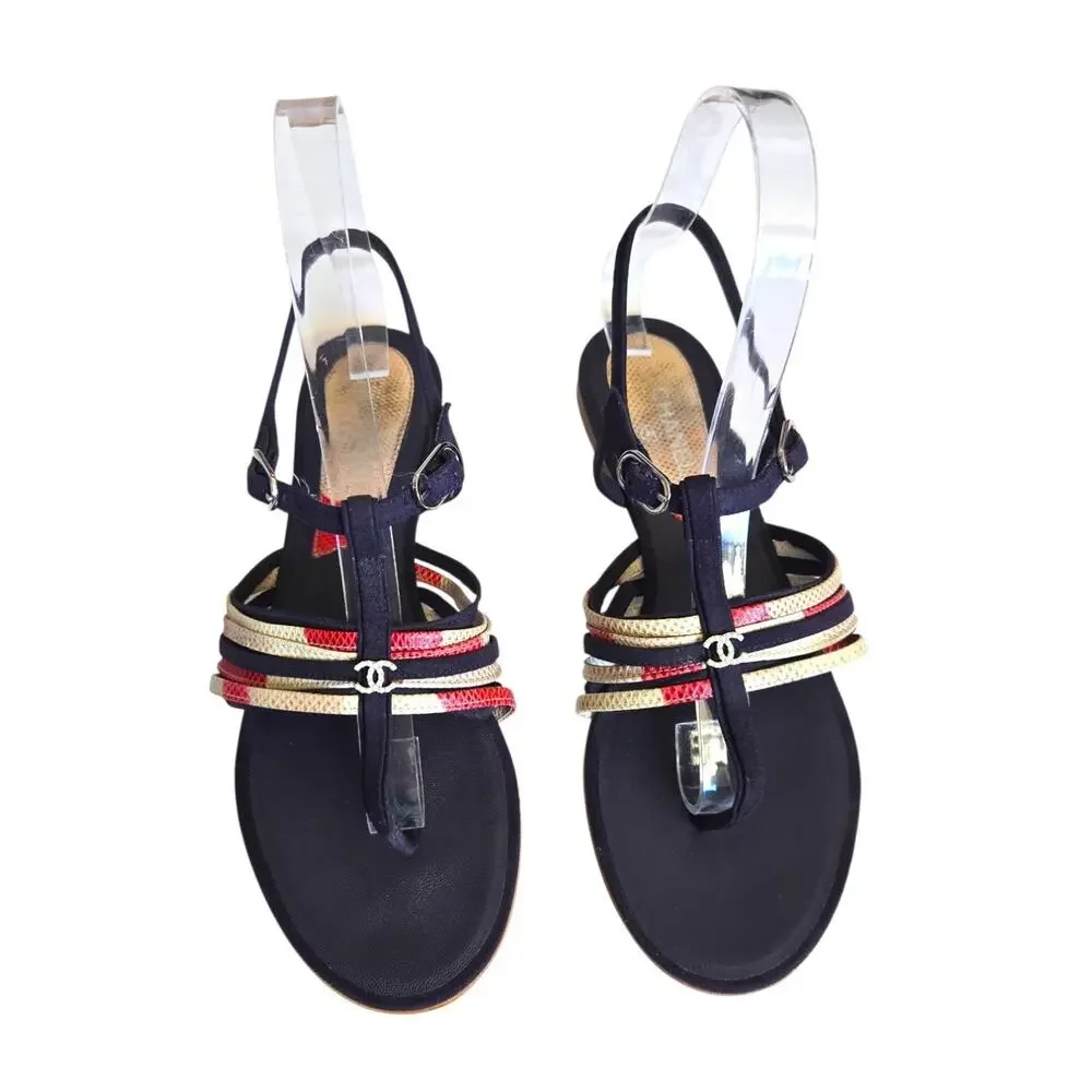 Chanel CC Pearl Logo Quiet Luxury Minimalist Navy Blue Gladiator Sandals 37.5